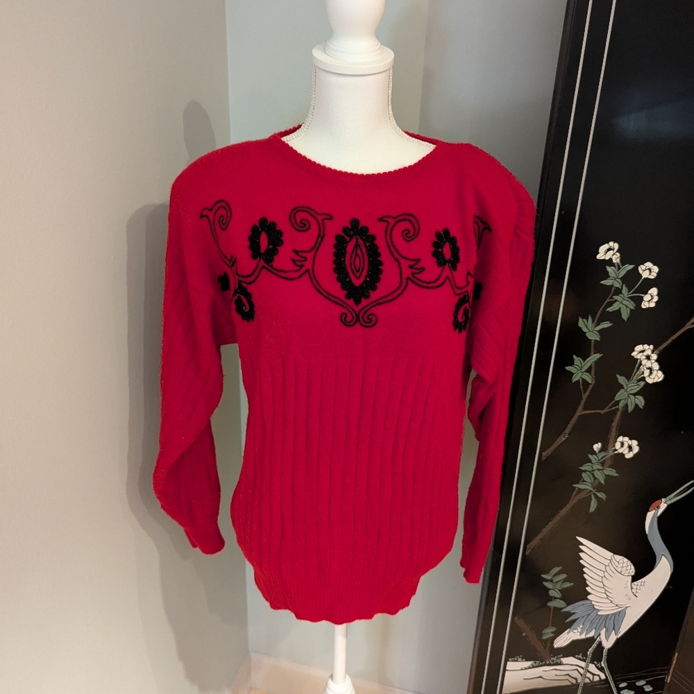 Vintage 80s Laura Winston Women's Medium Red Black Embroidered Ribbed Knit